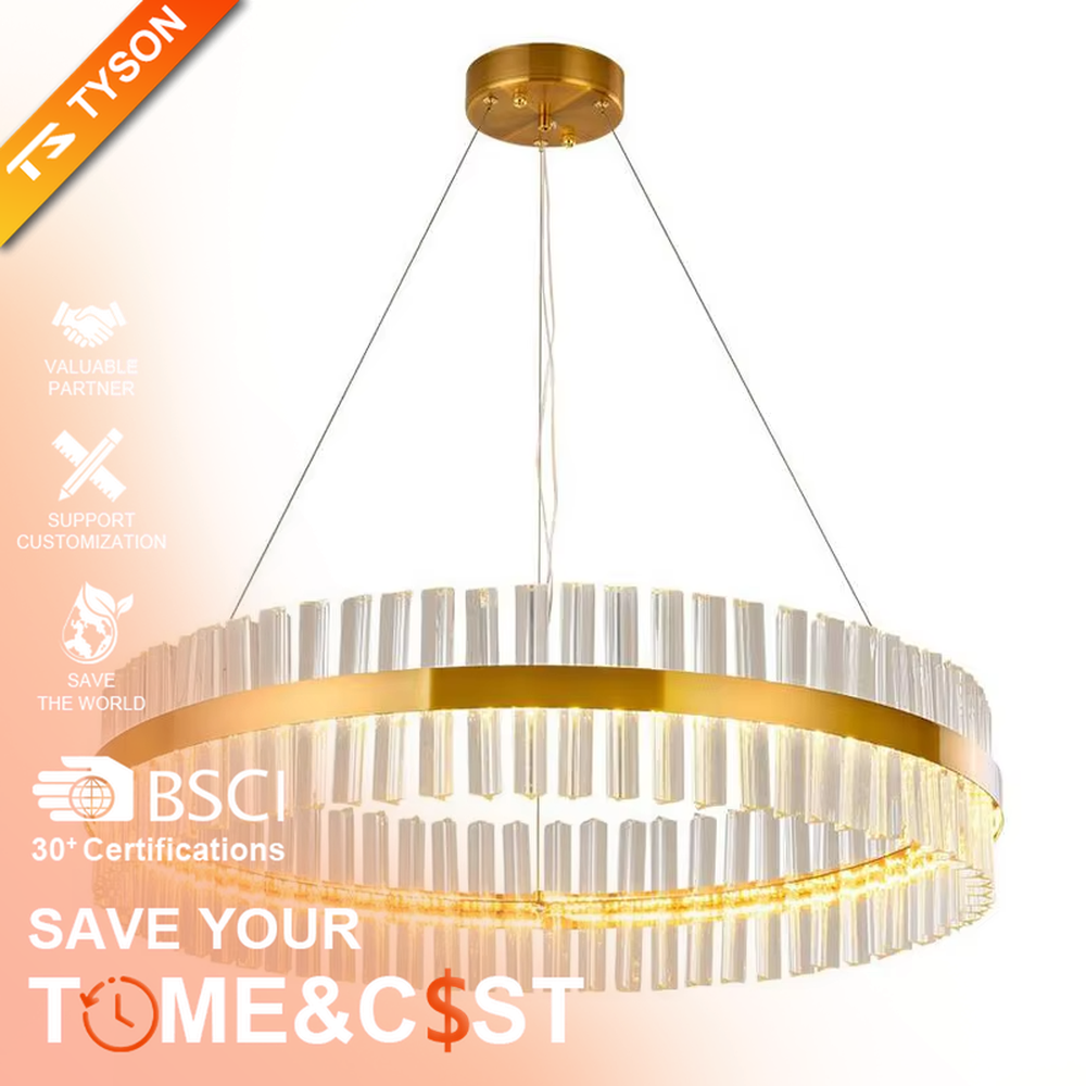 Modern Light Luxury Double-Layer Round Crystal Chandelier, Gold metal ring frame with double-layer suspended transparent crystal strips, serves both lighting and decorative purposes, ideal for living rooms, dining rooms, villas, hotel lobbies and other light luxury spaces.
