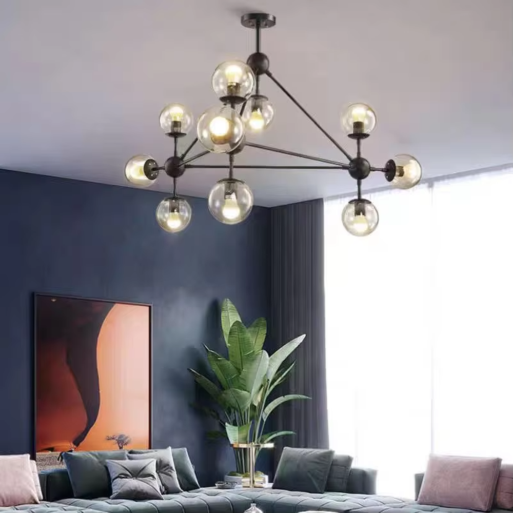 An industrial and modern minimalist combined molecular structure chandelier, featuring a cubic geometric frame made of black iron, paired with amber glass ball bulbs. It emits a warm and soft glow when lit, combining decorative appeal with practical illumination, ideal for creating a bold and avant-garde space atmosphere.