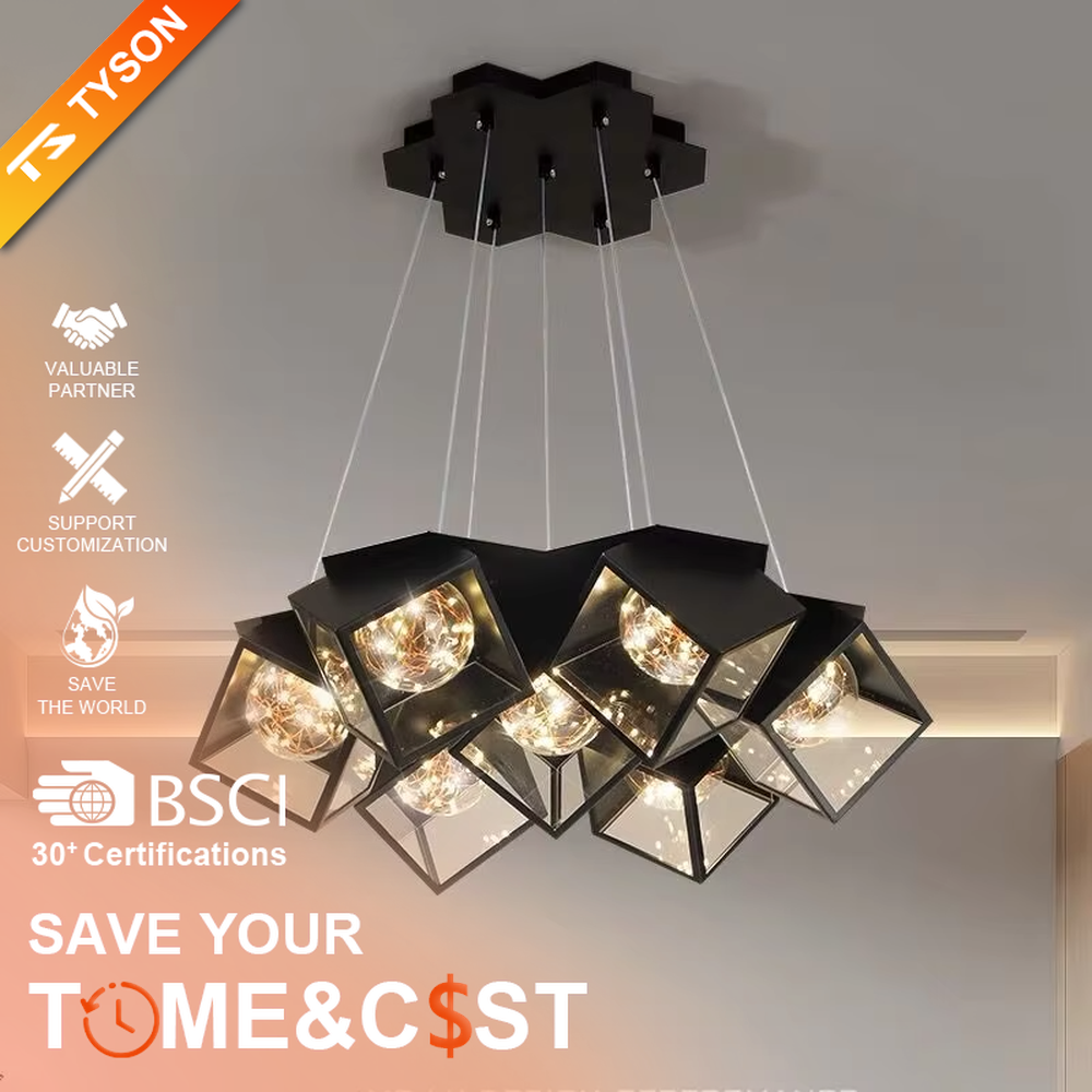 A modern industrial style cluster chandelier, featuring a black metal geometric cube structure with mirrored transparent panels and vintage filament bulbs. Its staggered, interlocking design is highly distinctive, combining decorative appeal with practical illumination, ideal for creating a bold and avant-garde space atmosphere.