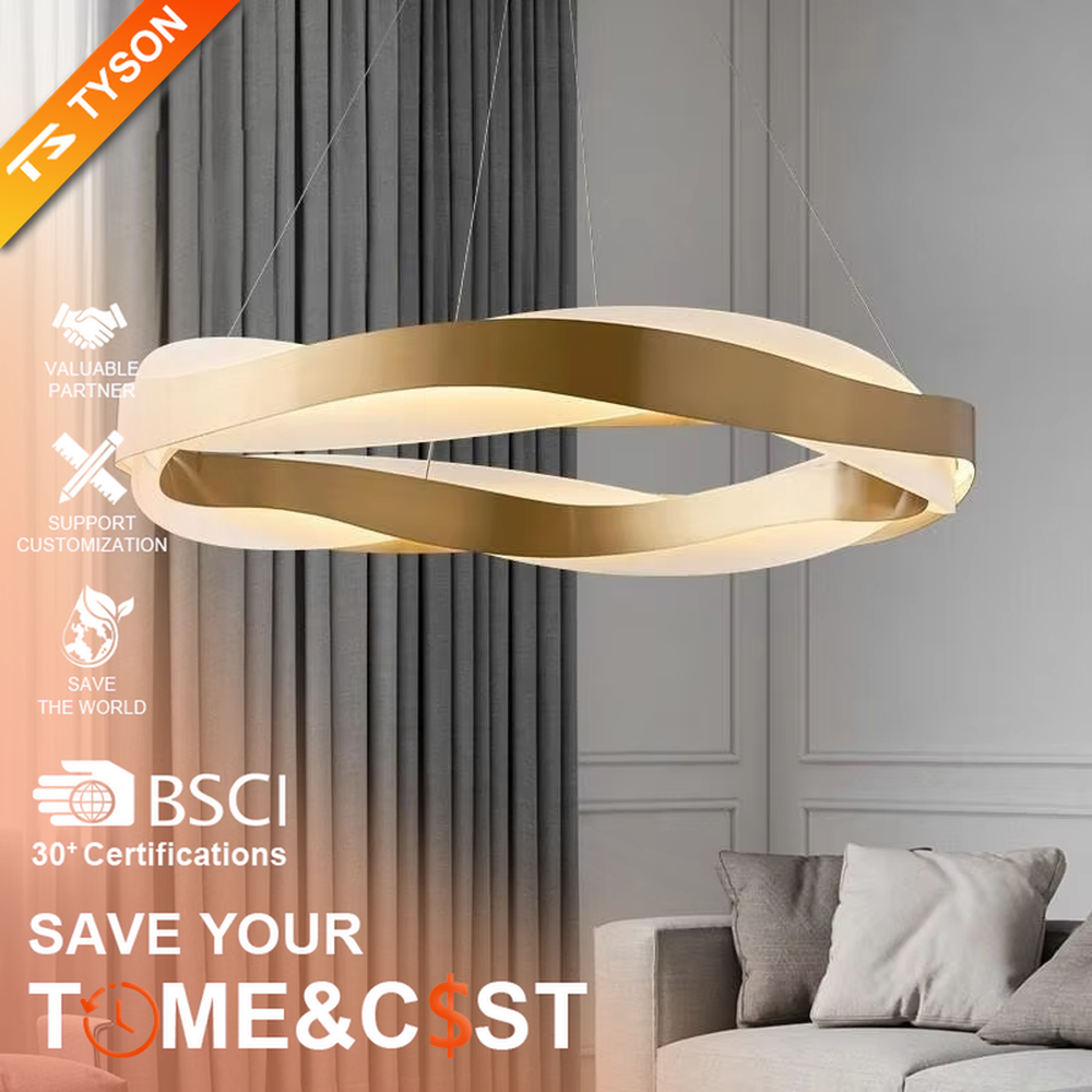 Modern light luxury double-ring suspended chandelier, featuring a sleek double-layered ring structure made of gold metal with built-in soft lighting. Its minimalist and elegant lines combine illumination and decoration, making it a modern home lighting fixture that elevates the space's style.