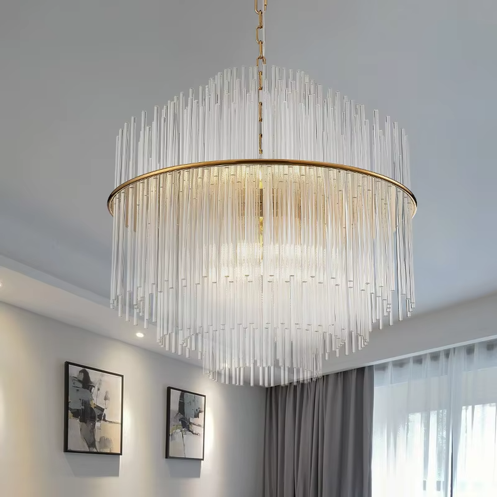 Modern Light Luxury Round Crystal Strip Chandelier, Gold metal ring frame with suspended transparent crystal strips, serves both lighting and decorative purposes, ideal for dining rooms, living rooms, hotel lobbies, high-end clubs, etc.