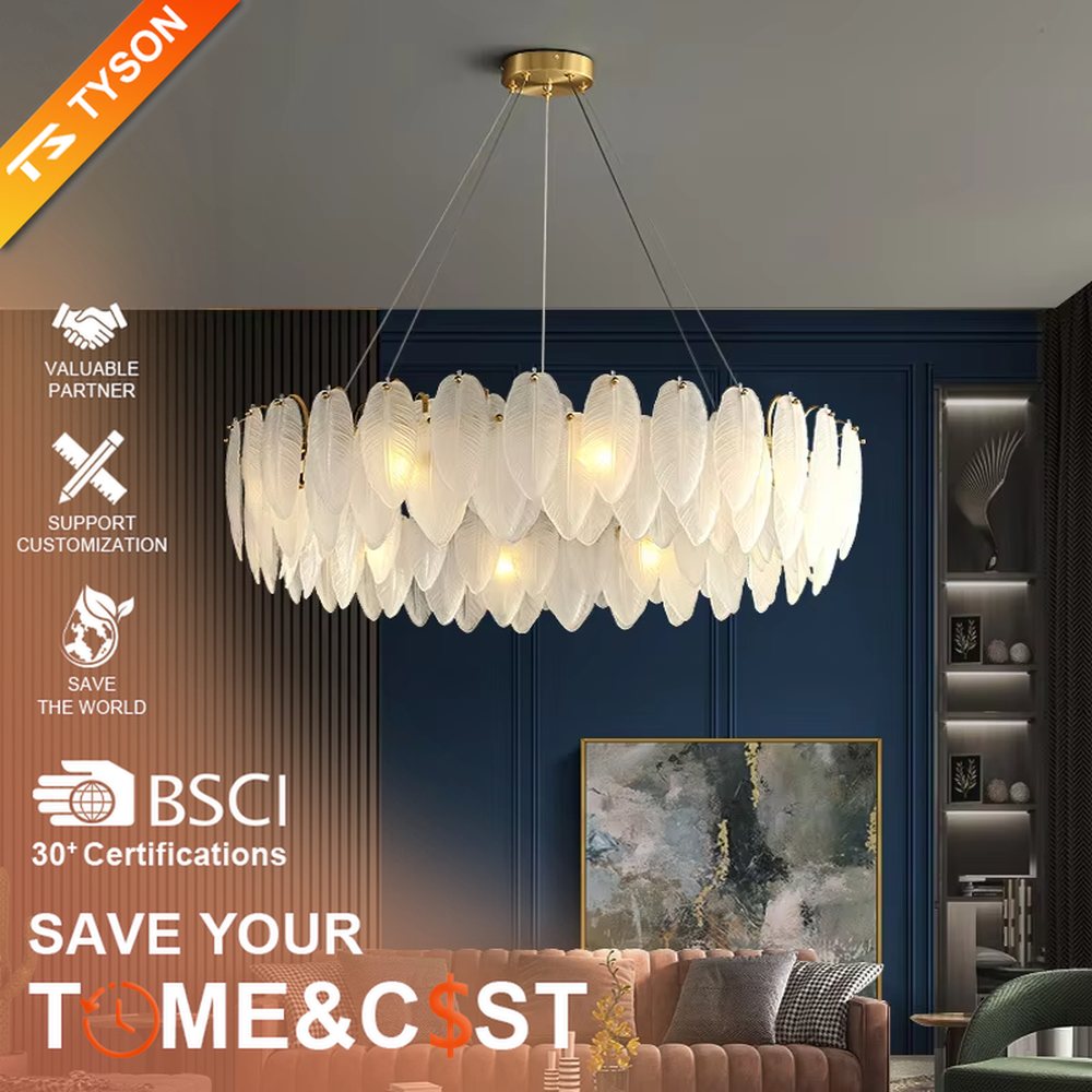 A modern light luxury style ring chandelier, featuring a gold metal frame paired with double-layer feather-shaped gradient glass panels. It emits a soft and warm glow when lit, combining decorative appeal with practical illumination, ideal for creating a romantic and elegant space atmosphere.
