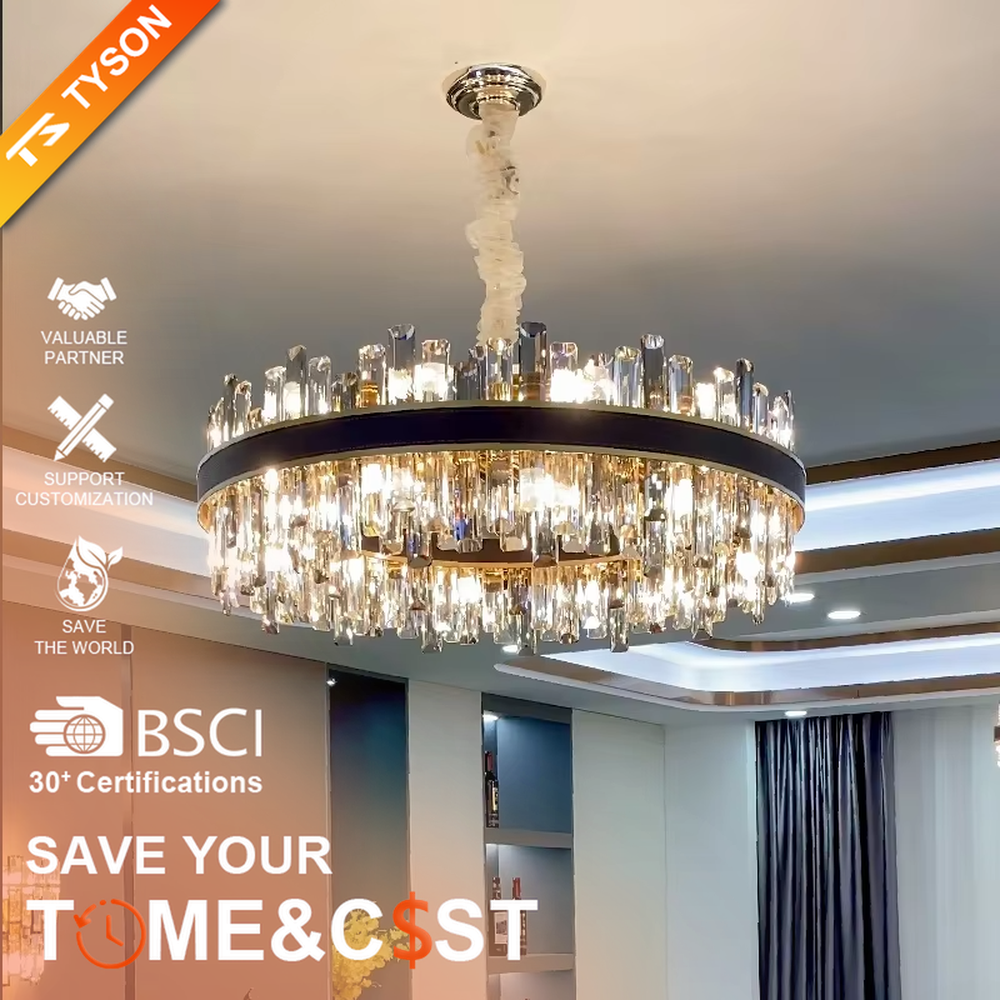 Modern light luxury double-layer ring crystal chandelier, with a golden metal frame and layered transparent crystal strips hanging down, featuring bright and soft light, combining decorative and lighting functions, suitable for living rooms, dining rooms, villas and other light luxury style spaces.
