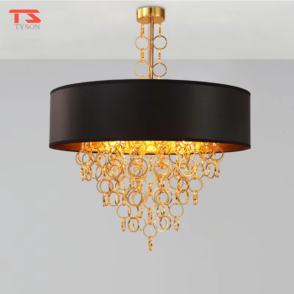 Modern light luxury black-gold ring tassel chandelier, with a black fabric lampshade paired with golden metal ring tassel design, featuring luxurious and soft light, combining decorative and lighting functions, suitable for living rooms, dining rooms, hotels and clubs in light luxury style.