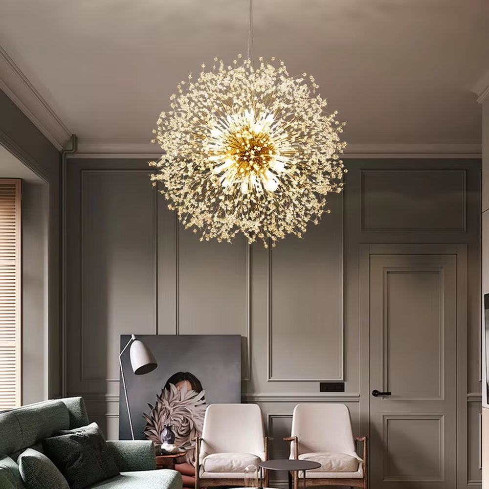 This is a modern light luxury dandelion firework-shaped chandelier, featuring a gold metal core paired with radial crystal branches, as brilliant and dynamic as a blooming firework. It emits soft and warm light, serving both lighting and artistic decoration purposes, suitable for light luxury dining rooms, open kitchen islands, bars, internet-famous homestays and other scenarios.