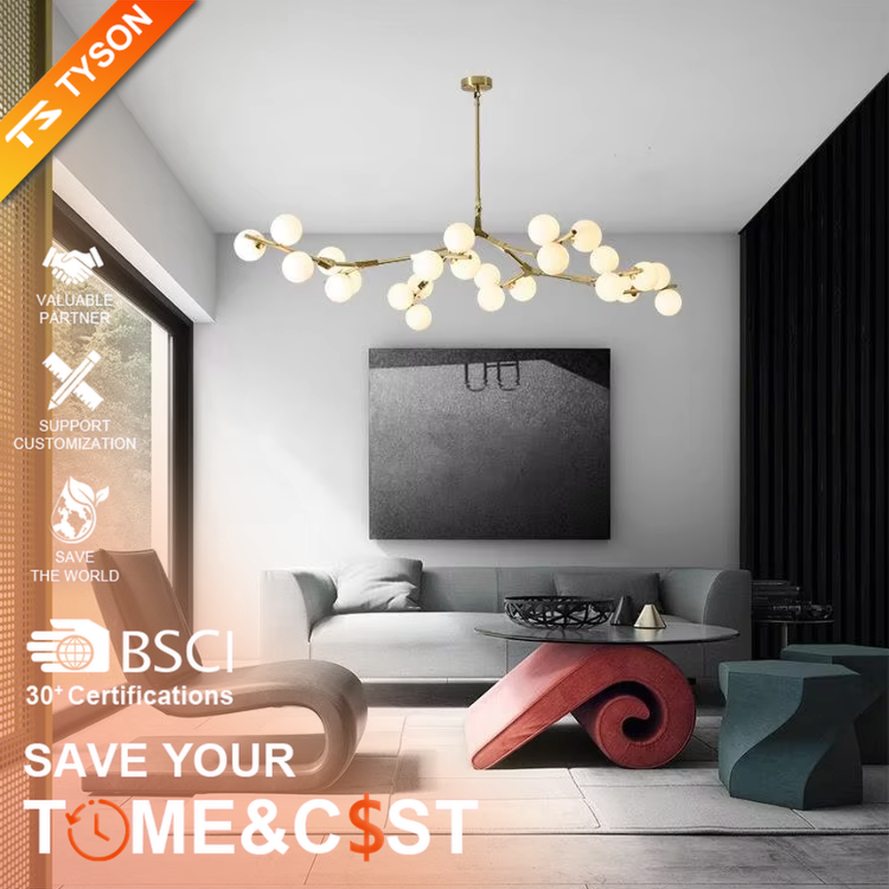Modern Light Luxury Branch-Shaped Magic Bean Chandelier, Gold Metal Branch Frame with Milk White Spherical Shades, Serves Both Lighting and Decorative Purposes, Ideal for Living Rooms, Dining Rooms, Open Office Spaces, etc.