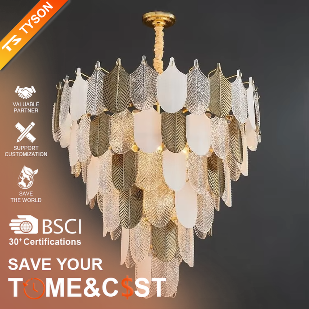 This modern light luxury leaf chandelier is composed of staggered layers of gold and transparent leaf-shaped ornaments, presenting a light shape like spreading feathers. Light refracts through the ornaments to emit a soft and transparent halo, serving both lighting and decorative purposes, suitable for modern light luxury spaces such as living rooms and dining rooms.