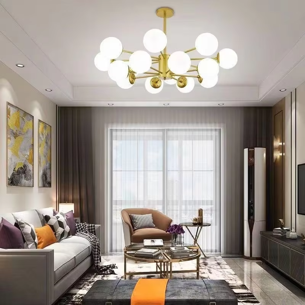 Modern light luxury starry sky molecular ball chandelier, with a golden metal frame paired with milky white frosted glass ball lampshades, shaped like a cluster of interstellar molecules, featuring soft and uniform light, combining decorative and lighting functions, suitable for living rooms, dining rooms, light luxury style spaces.