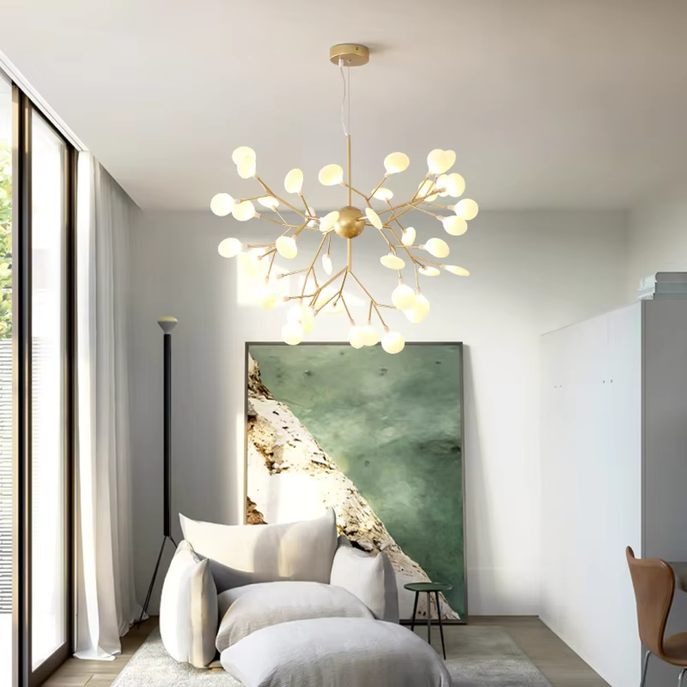 This is a modern light luxury firefly chandelier, featuring a gold metal branch structure paired with rounded soft light heads, shaped like a swarm of fireflies dancing. It emits soft and warm light, serving both lighting and artistic decoration purposes, suitable for Nordic-style living rooms, light luxury dining rooms, cozy bedrooms, internet-famous homestays and other scenarios.