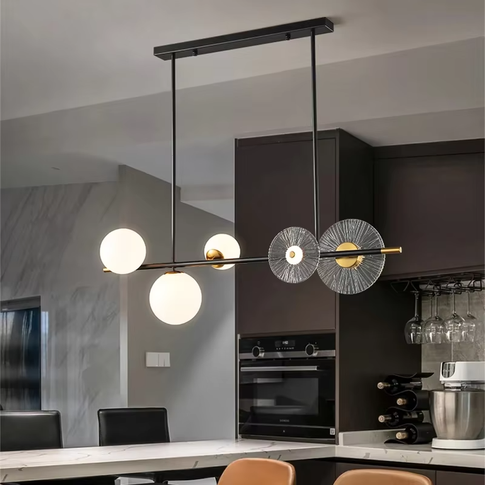 Modern light luxury black-gold contrasting linear chandelier, with a black metal frame paired with milky white glass ball lampshades and radial-pattern glass discs, featuring a minimalist and layered design, soft and uniform light, combining decorative and lighting functions, suitable for dining rooms, bars, open living rooms and other modern style spaces.