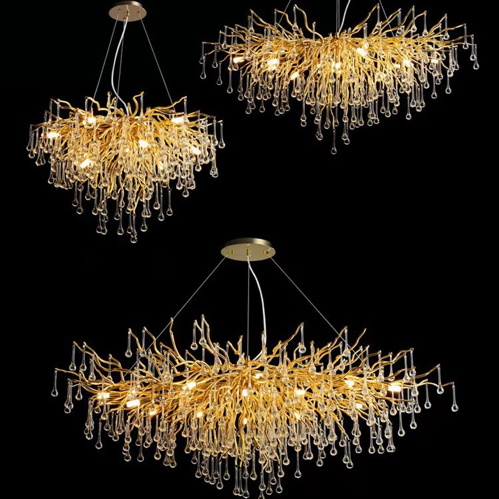This is a light luxury style linear branch crystal chandelier, featuring a gold metal branch structure paired with crystal pendants, as brilliant and dynamic as blooming fireworks. It emits soft and warm light, serving both lighting and artistic decoration purposes, suitable for light luxury dining rooms, large flat-floor living rooms, high-end clubs, showrooms and other scenarios.