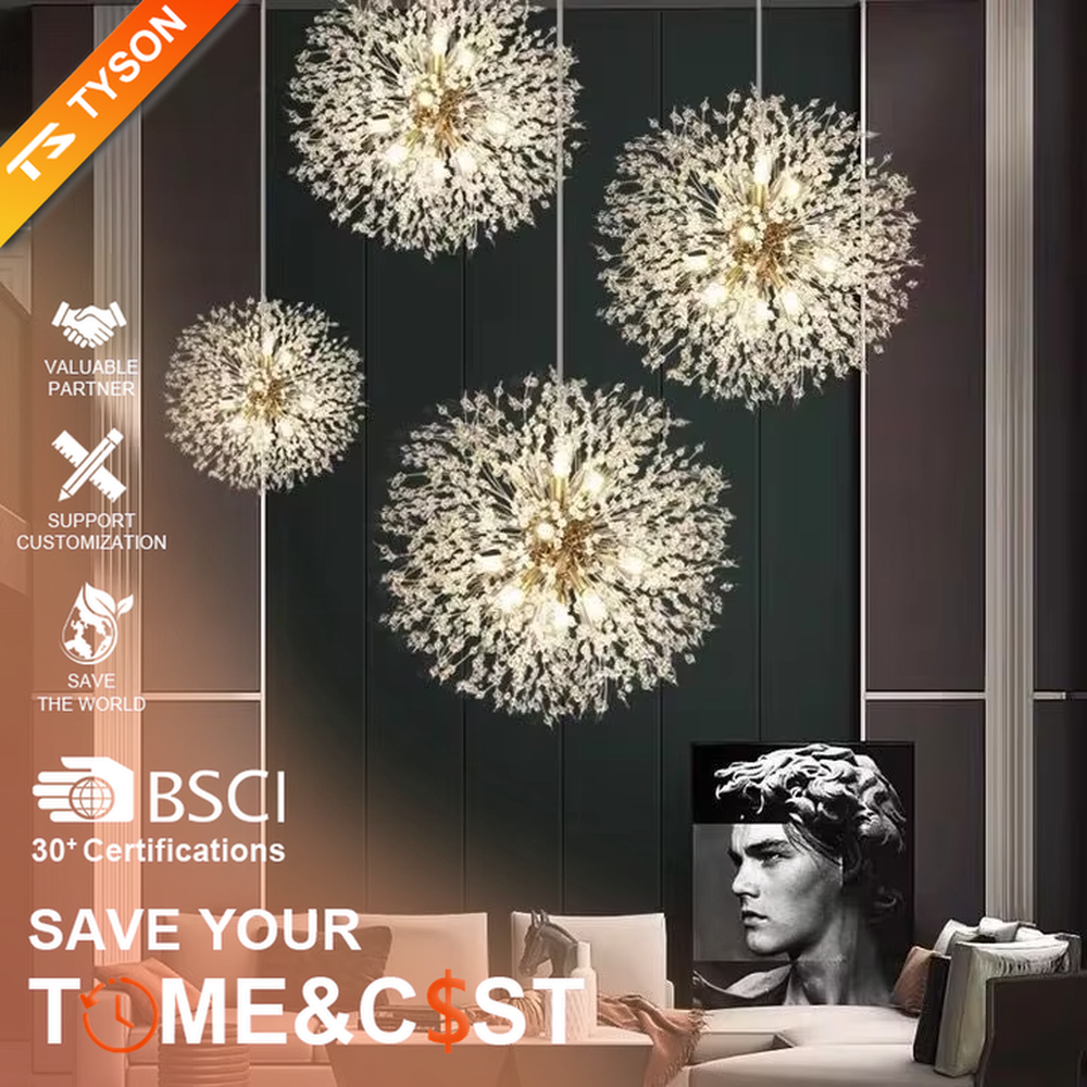 Light luxury style dandelion-shaped chandelier, composed of a gold metal frame and a transparent luminous branch and leaf structure, presenting a spherical blooming effect. It emits soft and bright light, combining artistry and lighting function, suitable for atmosphere creation and main lighting in living rooms, dining rooms, bedrooms and other spaces.