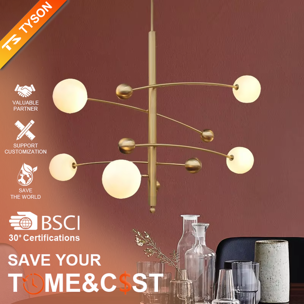Modern light luxury molecular structure chandelier, with a golden metal frame and milky white glass ball lampshades, featuring flexible and lightweight lines, soft and uniform light, combining decorative and lighting functions, suitable for dining rooms, living rooms, light luxury style spaces.
