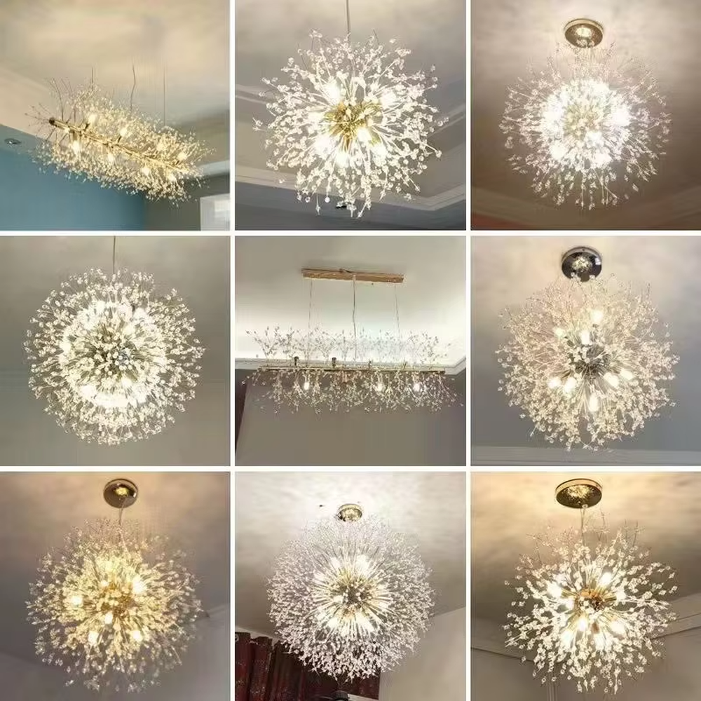 Light luxury dandelion-firework shaped spherical chandelier, with a gold metal frame and transparent luminous branch-leaf structure, emitting soft and brilliant light. It combines artistic decorativeness and lighting function, suitable for atmosphere creation and main lighting in living rooms, dining rooms, bedrooms and other spaces.