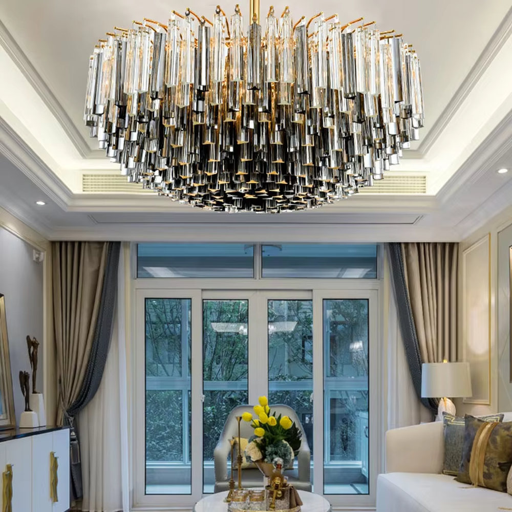 Modern Light Luxury Multi-layer Spherical Crystal Chandelier, Gold metal frame with layered transparent and black-gold crystal strips, serves both lighting and decorative purposes, ideal for living rooms, dining rooms, villas, hotel guest rooms and other light luxury spaces.