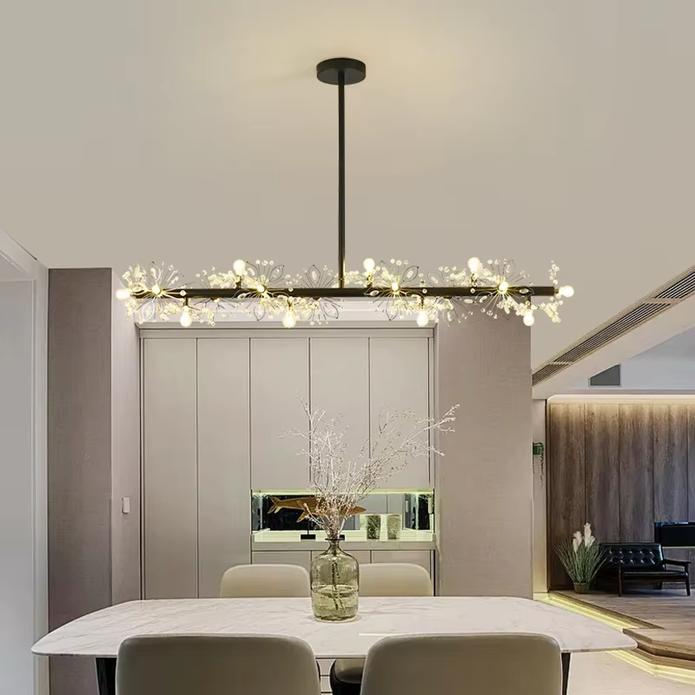 This is a modern light luxury firework-shaped chandelier, featuring a gold metal branch structure paired with transparent crystal decorations, as brilliant and dynamic as a blooming dandelion. It emits soft and warm light, serving both lighting and artistic decoration purposes, suitable for light luxury dining rooms, villa living rooms, high-end clubs, showrooms and other scenarios.