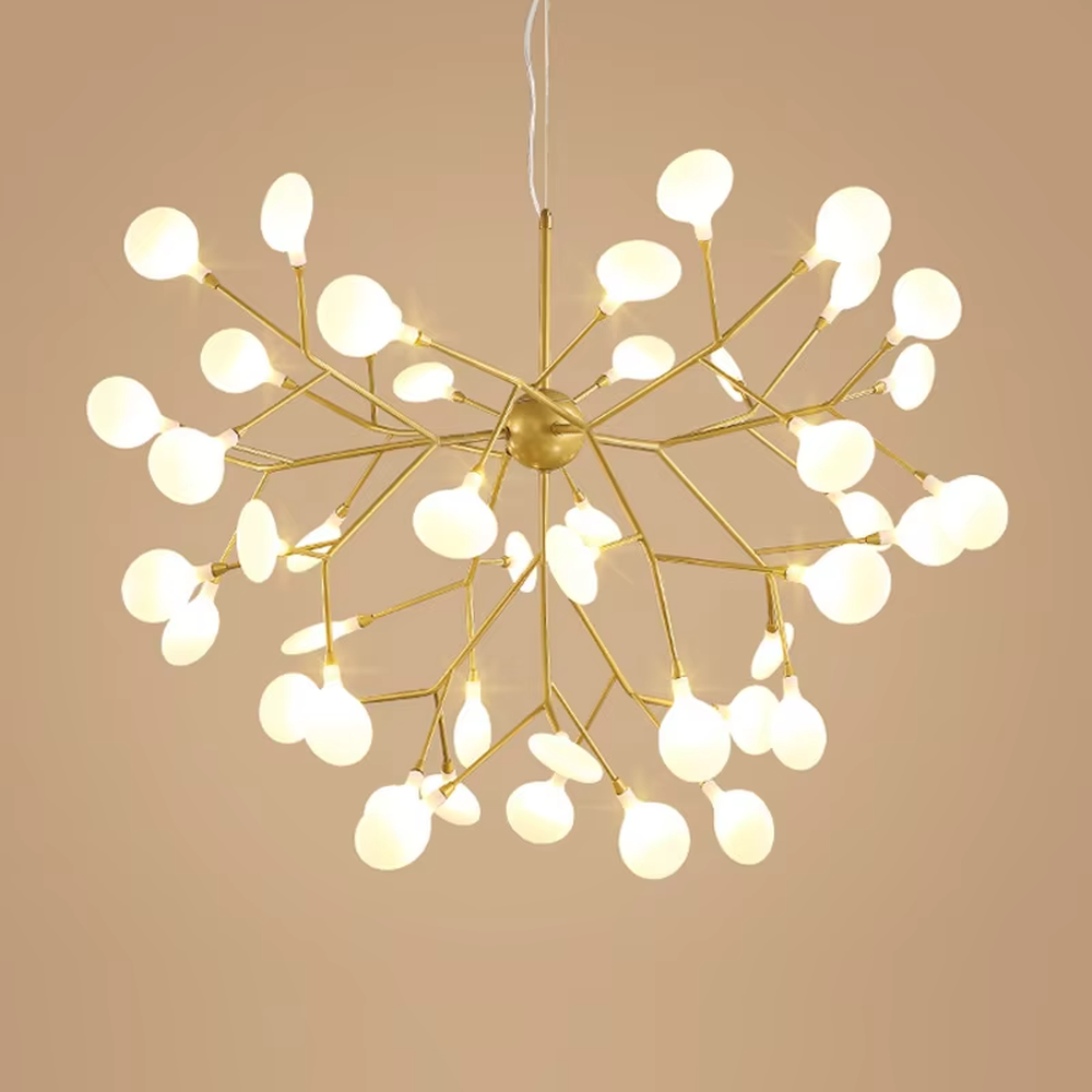 This is a modern light luxury firefly chandelier, featuring a gold metal branch structure paired with rounded soft light heads, shaped like a swarm of fireflies dancing. It emits soft and warm light, serving both lighting and artistic decoration purposes, suitable for Nordic-style living rooms, light luxury dining rooms, cozy bedrooms, internet-famous homestays and other scenarios.