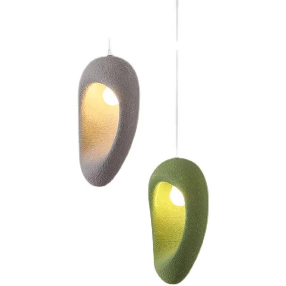 This is a modern wabi-sabi style pebble-shaped pendant lamp, made of frosted cement/resin material with a semi-embedded lighting design, available in colors like gray and green, which has both lighting and decorative functions, suitable for modern minimalist, wabi-sabi style bedrooms, entrances, cafes and other spaces.