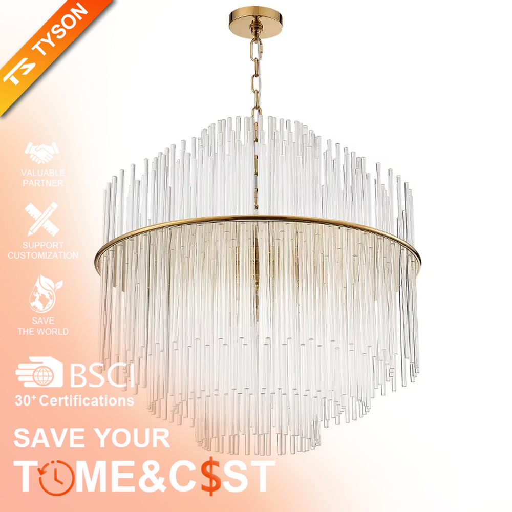 Modern Light Luxury Round Crystal Strip Chandelier, Gold metal ring frame with suspended transparent crystal strips, serves both lighting and decorative purposes, ideal for dining rooms, living rooms, hotel lobbies, high-end clubs, etc.