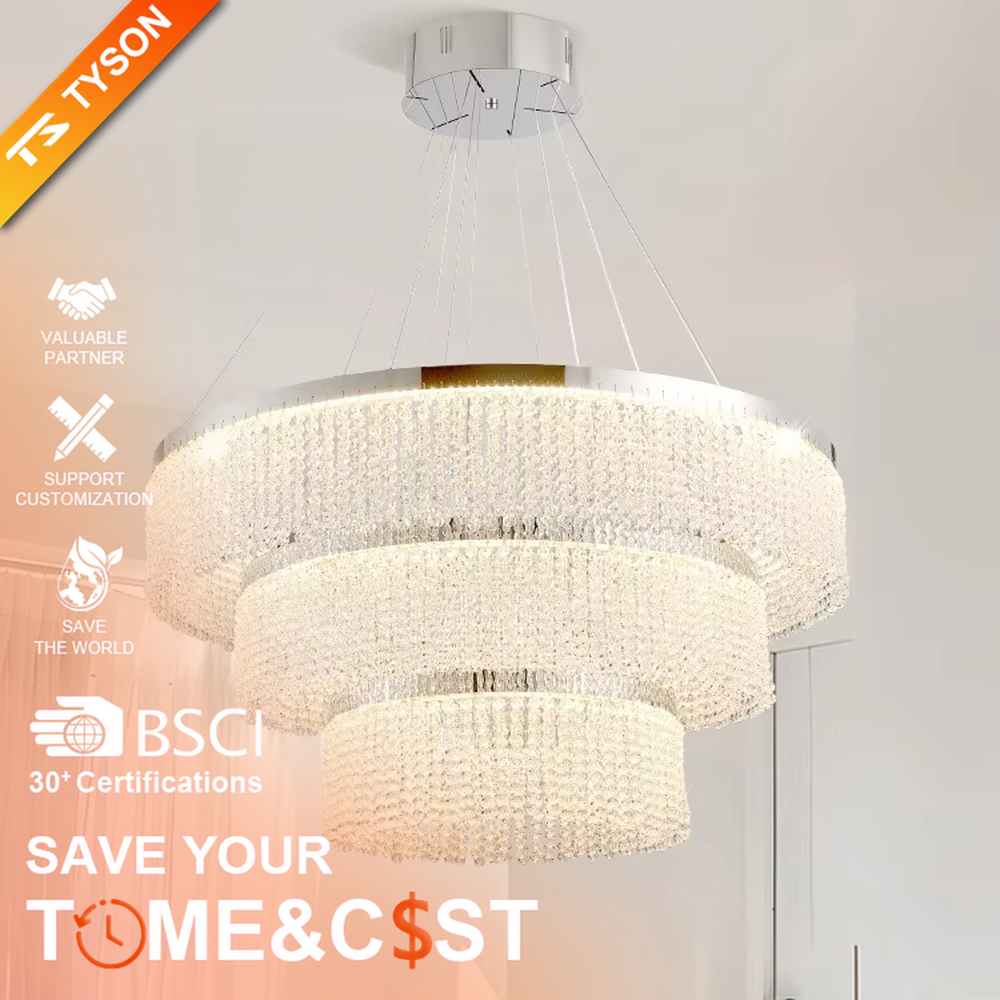 Modern light luxury three-layer spiral ring crystal chandelier, composed of dense crystal particles and silver metal frames in a staggered spiral structure, emitting brilliant and soft light, combining artistic decorativeness and lighting function, suitable for core lighting and atmosphere creation in living rooms, dining rooms, villa high-ceiling spaces, etc.