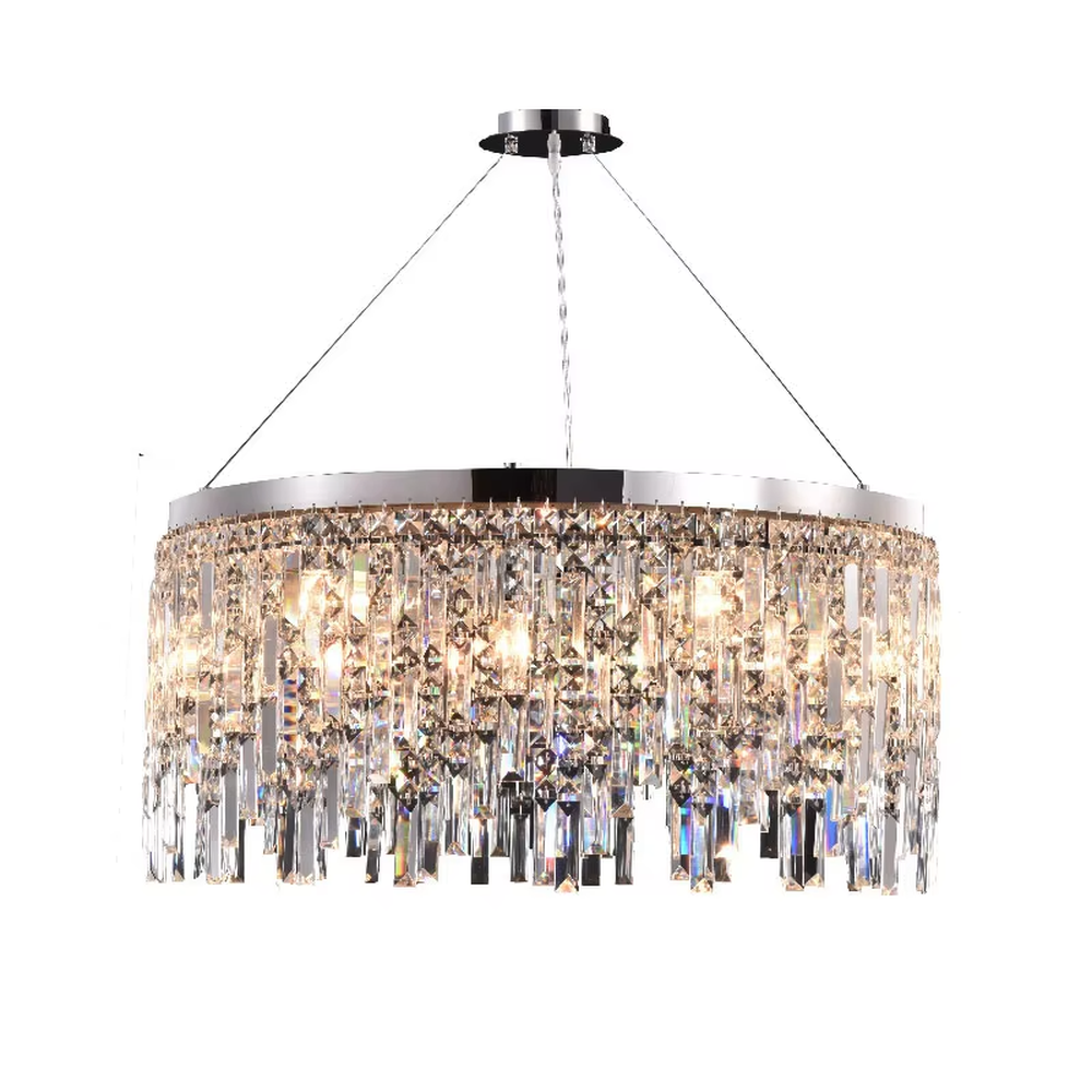 This light luxury tassel crystal chandelier features a circular tassel shape made of a metal frame and multi-layer faceted crystal strips, with light refracting a brilliant halo through the crystals, serving both lighting and decorative purposes, suitable for modern light luxury spaces such as living rooms and dining rooms.