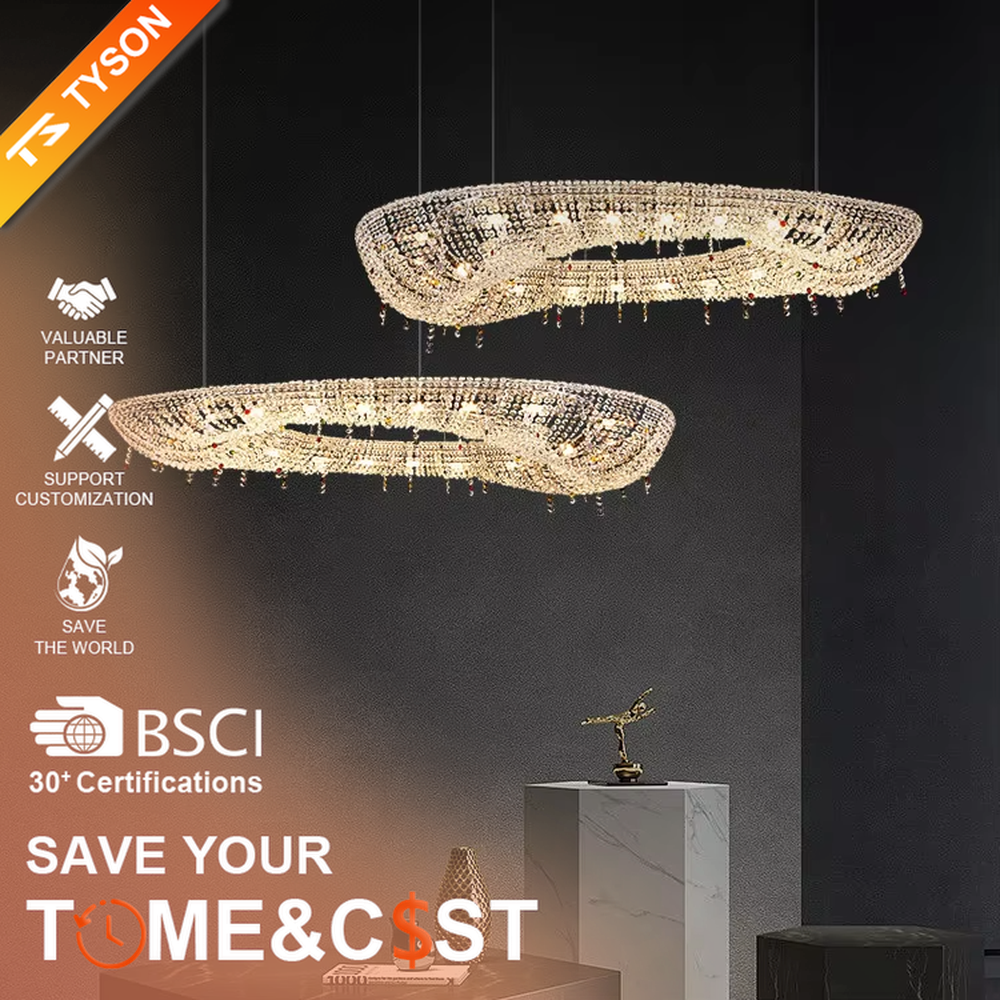 Modern art double-ring streamlined crystal chandelier, with dense crystal particles forming a flowing cloud pattern with staggered double rings, emitting brilliant and transparent light, combining artistic decorativeness and lighting function, suitable for core lighting and atmosphere creation in large spaces such as high-ceiling living rooms, villa hollow areas, and high-end clubs.