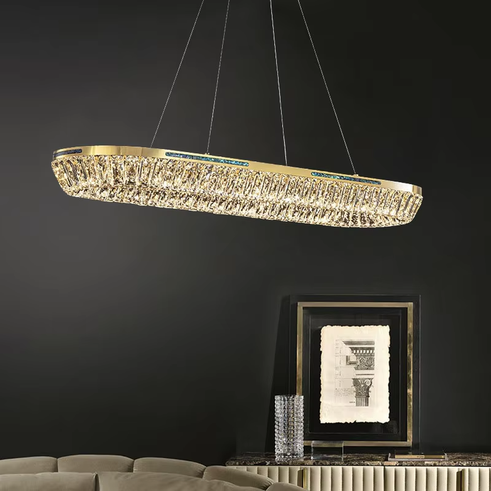 Modern light luxury three-layer ring crystal chandelier, with golden metal frames and transparent crystal lampshades, the staggered suspended shape combines decorative and lighting functions, suitable for high-ceiling living rooms, villas, high-end clubs and other spaces.