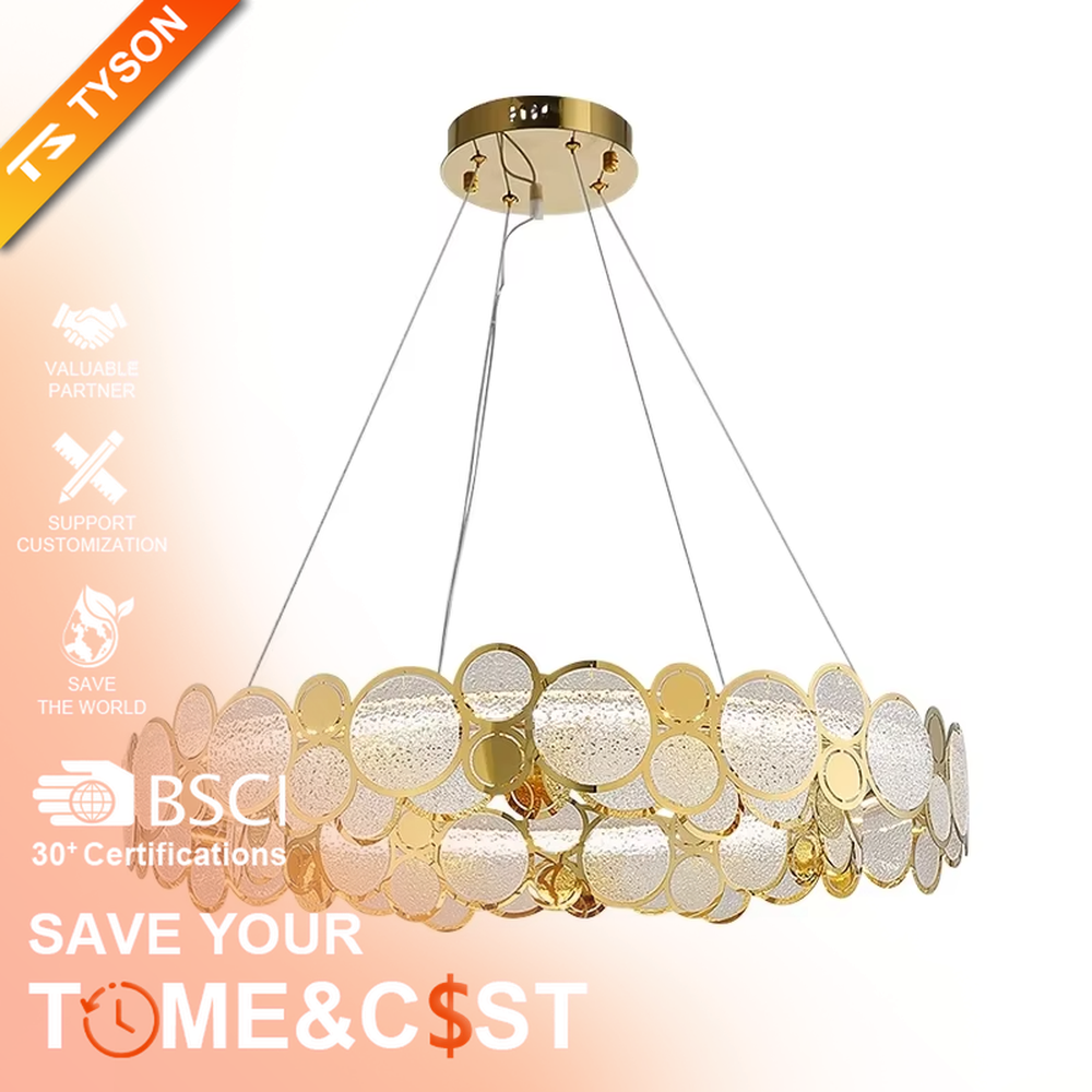 A modern light luxury style linear chandelier, featuring a gold metal frame with interlocked circular transparent glass panels and gold rings. It emits a brilliant yet soft glow when lit, combining decorative appeal with practical illumination, ideal for creating a sophisticated and high-end space atmosphere.