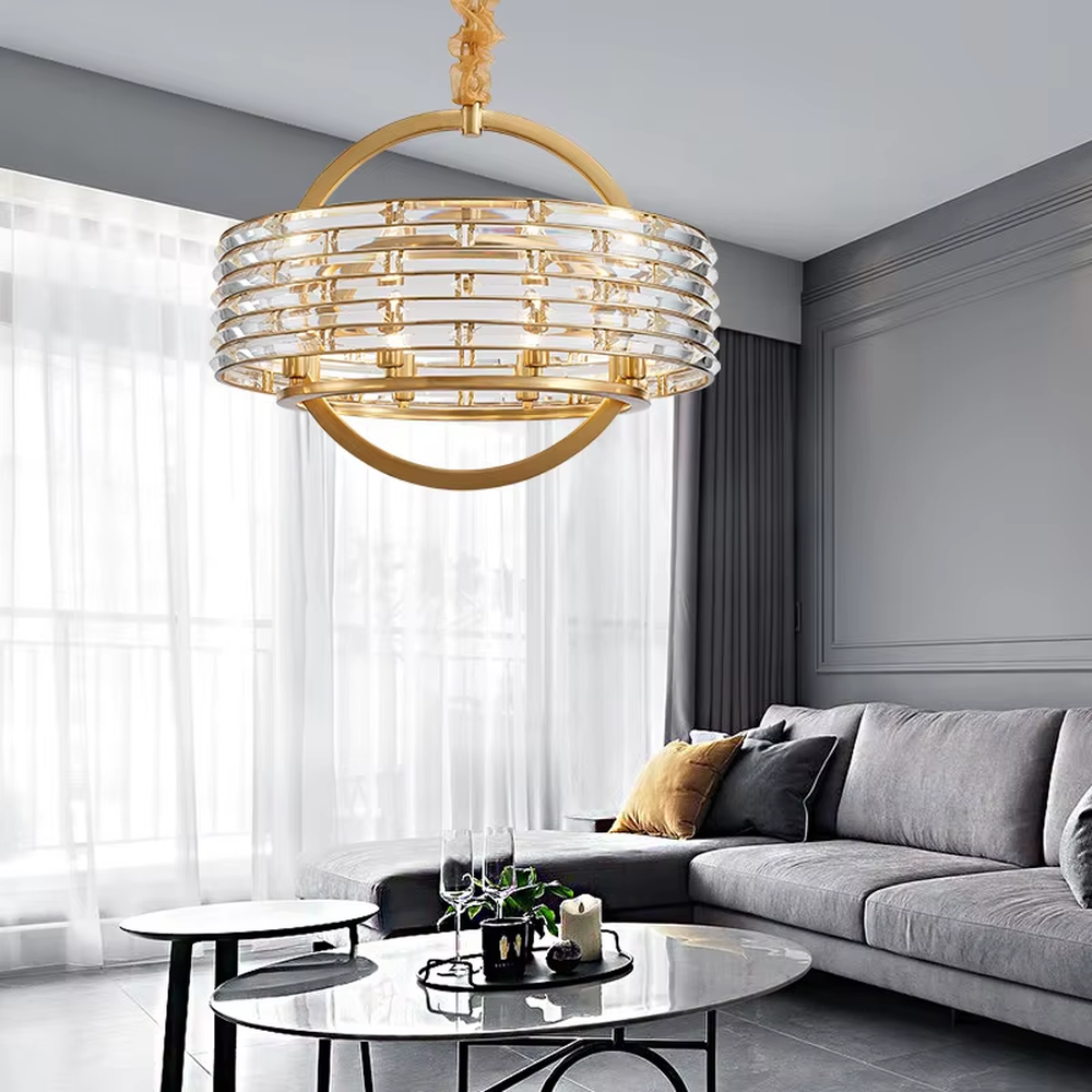 Modern Light Luxury Rectangular Layered Crystal Chandelier, Gold metal frame with multi-layer transparent crystal strips, serves both lighting and decorative purposes, ideal for dining rooms, living rooms, villas and other light luxury spaces.