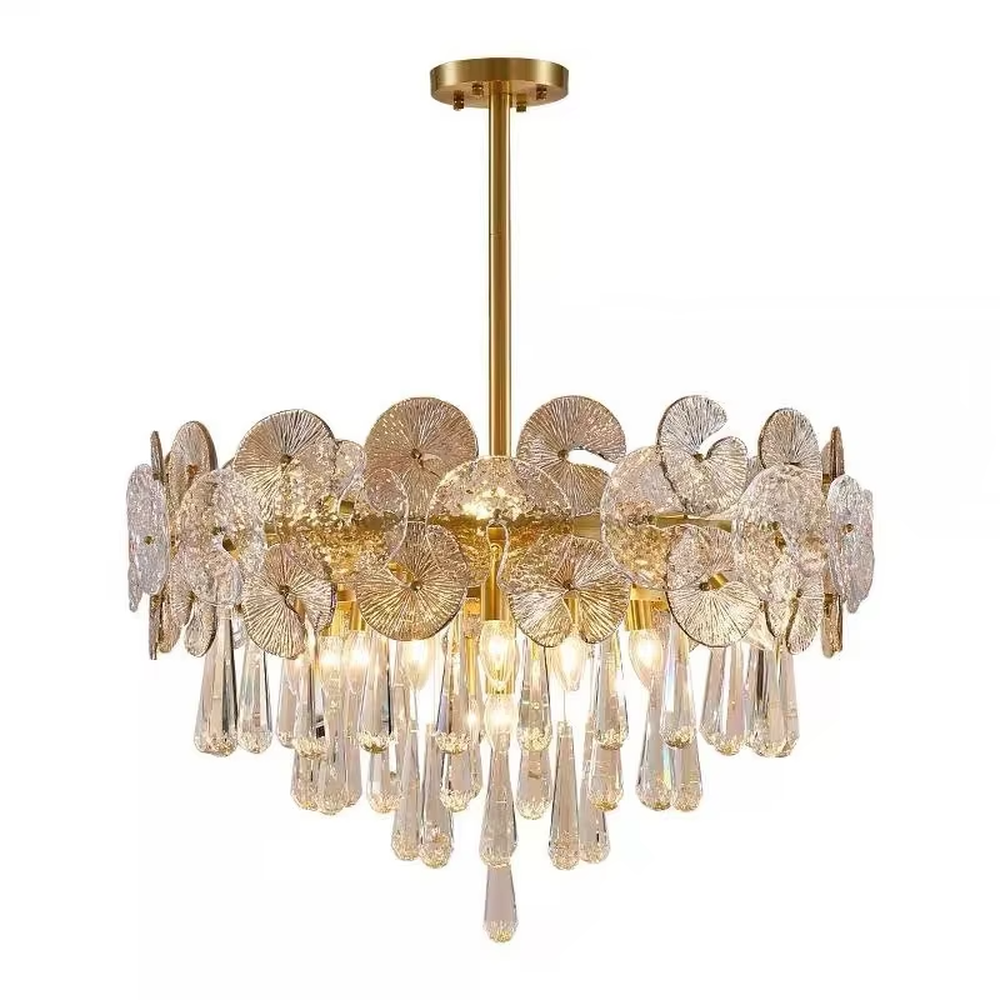 Modern light luxury double-layer crystal chandelier, with a gold metal frame paired with fan-shaped textured crystal slices and cascading crystal columns, emitting brilliant and luxurious light, combining artistic decorativeness and lighting function, suitable for core lighting and atmosphere creation in spaces such as dining rooms, living rooms, and villas.