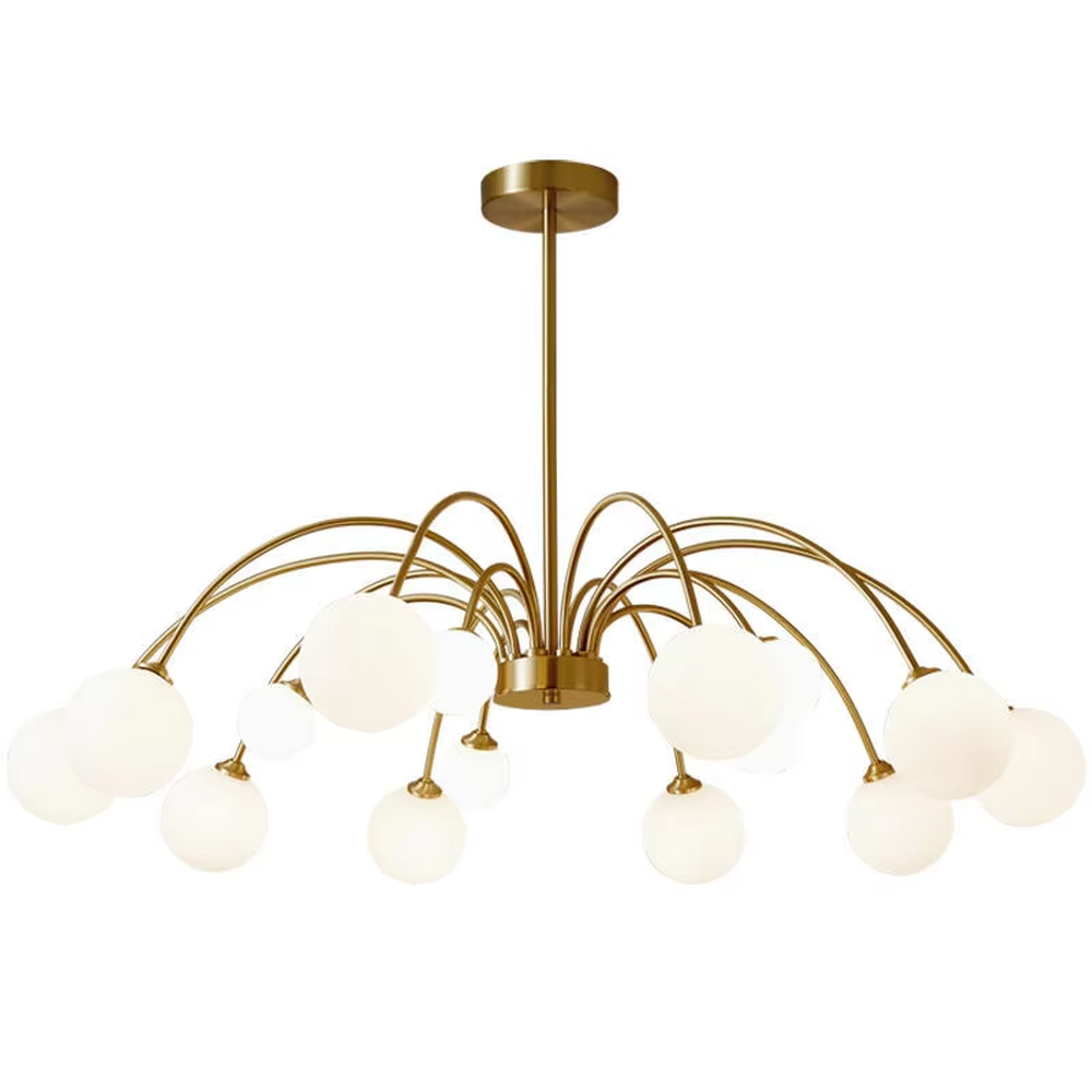 A modern light luxury style firefly chandelier, featuring a gold metal curved branch frame paired with multiple milky white glass glowing spheres of varying sizes, shaped like a blooming dandelion or flying fireflies. It emits a soft and uniform glow when lit, combining decorative appeal with practical illumination, ideal for creating a romantic and dynamic space atmosphere.