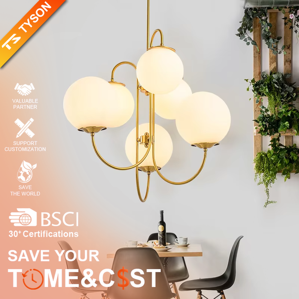This light luxury golden cloud bubble chandelier features a gold curved metal frame paired with multiple white spherical frosted lampshades, with soft and uniform light, serving both lighting and decorative purposes, suitable for modern light luxury spaces such as living rooms and dining rooms.
