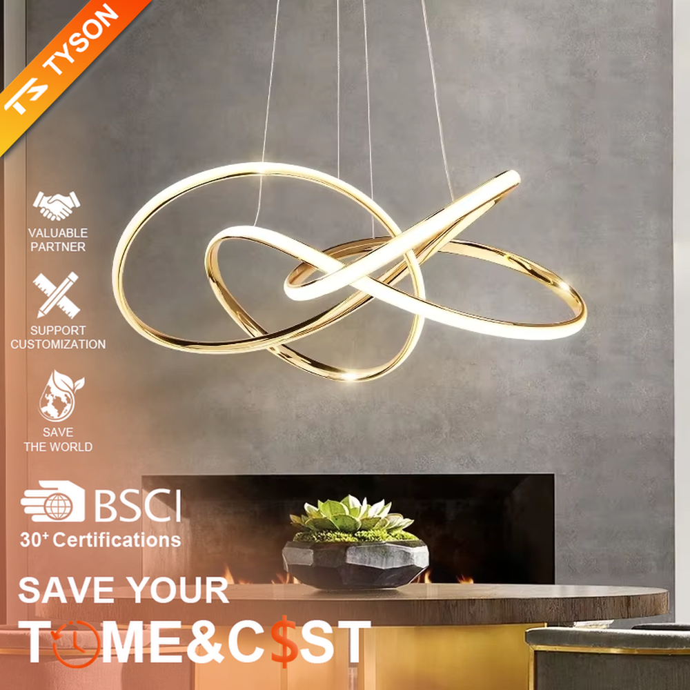A modern light luxury style interwoven ring LED chandelier, featuring a smooth interwoven multi-ring frame made of gold metal, with built-in high-brightness LED strips. It emits soft and uniform warm light when lit, combining decorative appeal with practical illumination, ideal for creating a minimalist and sophisticated space atmosphere.
