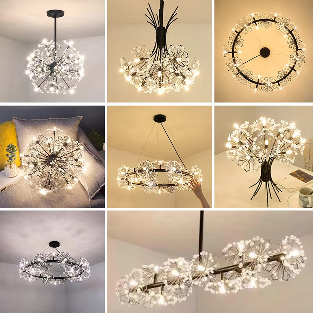 This modern artistic dandelion chandelier features a black metal branch frame, paired with transparent light-emitting lamp heads to present a visual effect of dandelion blooming. The light is soft and brilliant, serving both lighting and decorative purposes, suitable for modern minimalist or artistic style spaces such as bedrooms and living rooms.
