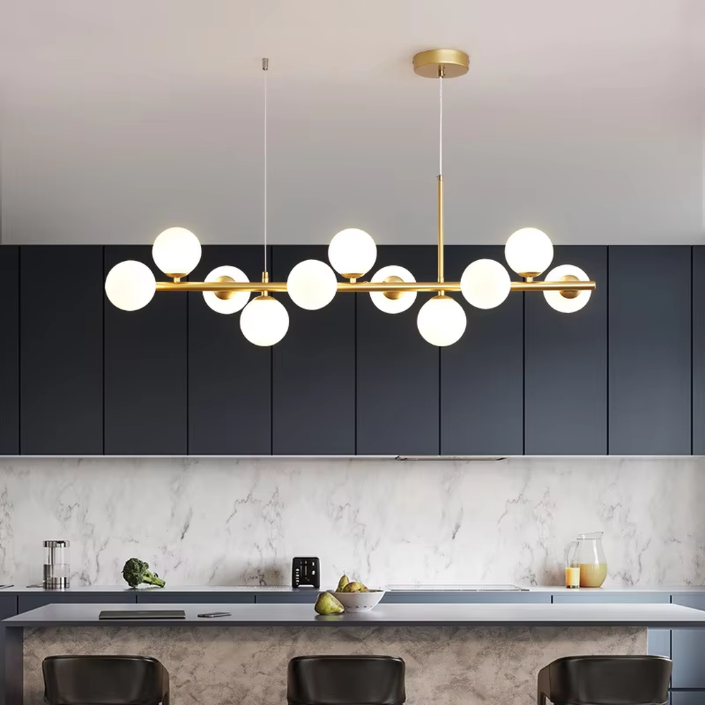 Modern minimalist long strip molecular ball chandelier, with a black and gold metal long rod and milky white glass ball lampshades, featuring a flexible and lightweight linear molecular structure, soft and uniform light, combining decorative and lighting functions, suitable for dining rooms, bars, living rooms and other modern style spaces.