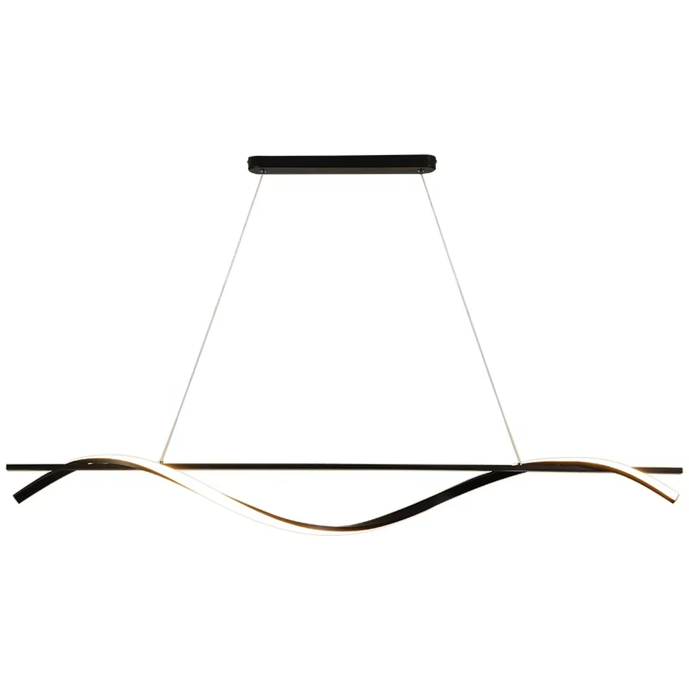 A modern minimalist wave-shaped linear LED chandelier, featuring a black metal frame with built-in soft LED strips, shaped like flowing water wave lines, combining lighting and decorative functions, ideal for creating a minimalist and sophisticated space atmosphere.