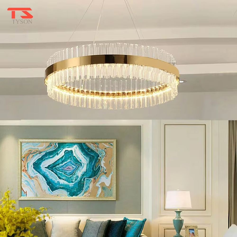 Modern Light Luxury Double-Layer Round Crystal Chandelier, Gold metal ring frame with double-layer suspended transparent crystal strips, serves both lighting and decorative purposes, ideal for living rooms, dining rooms, villas, hotel lobbies and other light luxury spaces.