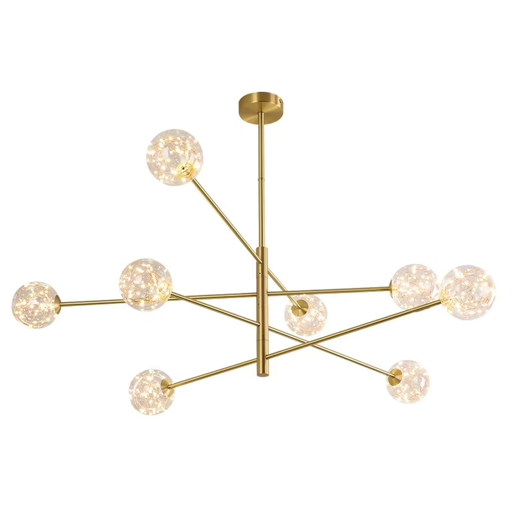 Modern light luxury starry sky molecular ball chandelier, with golden metal branch frame paired with starry sky effect glass ball lampshades, shaped like interstellar molecular clusters, featuring brilliant and soft light, combining decorative and lighting functions, suitable for living rooms, dining rooms, light luxury style spaces.