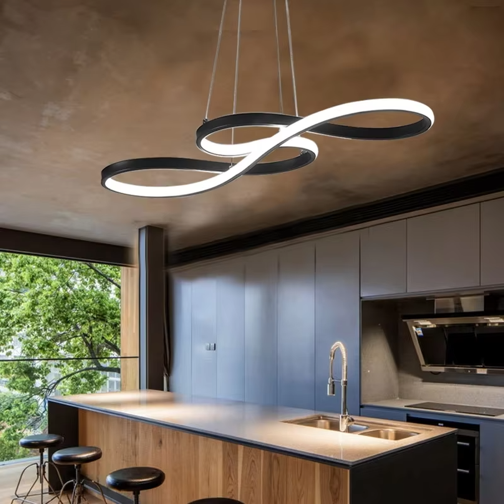 A modern light luxury style double-loop interwoven LED chandelier, featuring a smooth interwoven ring frame made of gold metal, with built-in high-brightness LED strips. It emits a soft and uniform glow when lit, combining decorative appeal with practical illumination, ideal for creating a minimalist and sophisticated space atmosphere.