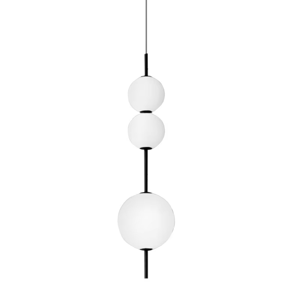This minimalist string ball chandelier features black suspension rods connecting white spherical lampshades of varying sizes, with light refracting a soft halo through the frosted shades, serving both lighting and decorative purposes, suitable for modern minimalist commercial spaces such as restaurants and cafes.