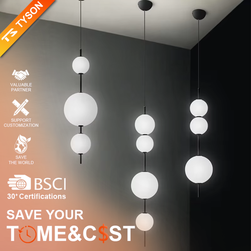 This minimalist string ball chandelier features black suspension rods connecting white spherical lampshades of varying sizes, with light refracting a soft halo through the frosted shades, serving both lighting and decorative purposes, suitable for modern minimalist commercial spaces such as restaurants and cafes.