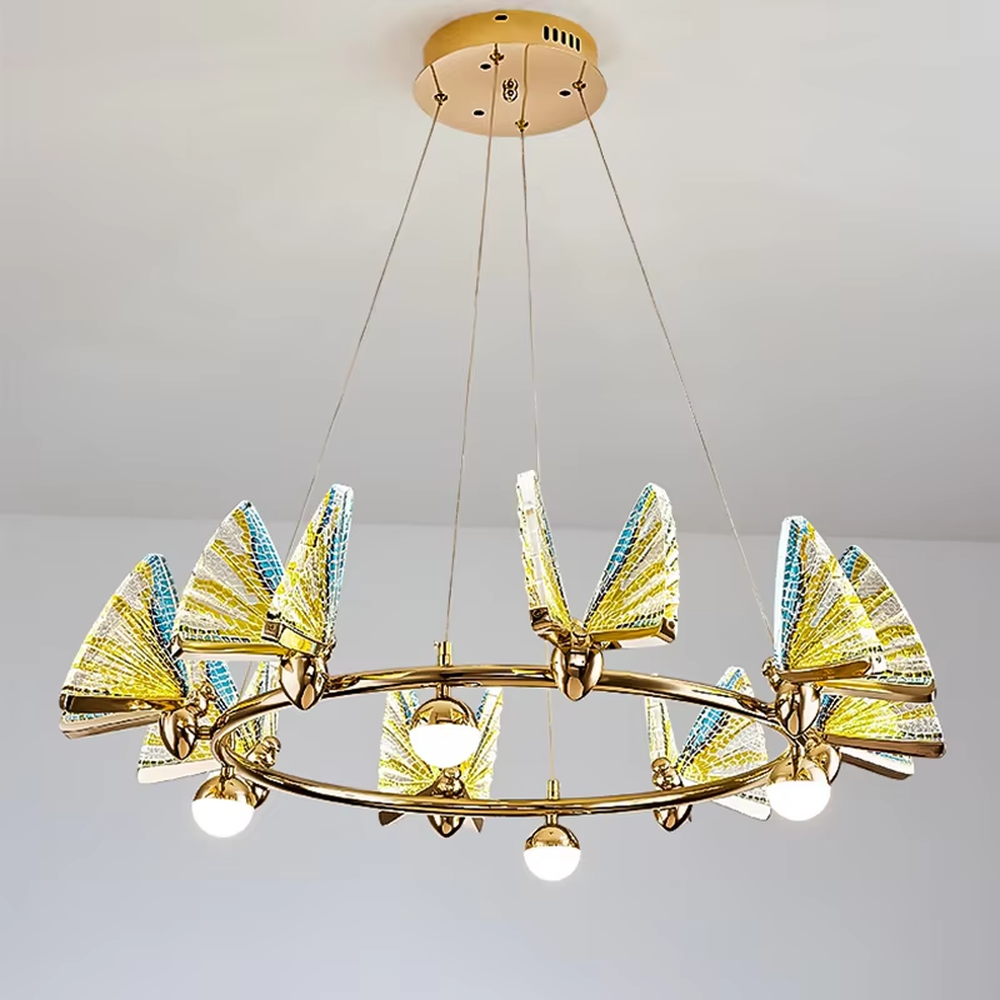This is a light luxury artistic butterfly wing chandelier, featuring a gold metal circular frame paired with colorful gold glass butterfly wing decorations, with built-in spherical light sources. It emits brilliant and dynamic light, serving both lighting and decorative purposes, suitable for light luxury living rooms, dining rooms, high-end clubs, showrooms and other scenarios.