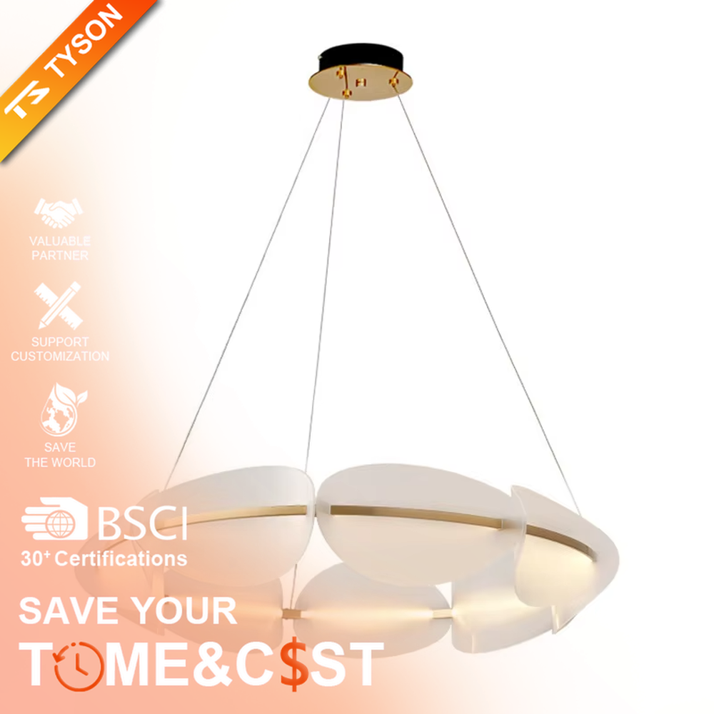 A modern light luxury style circular petal chandelier, featuring a double-layer milky white frosted acrylic main body with gold metal strip decorations and built-in LED strips. It emits a soft and warm glow when lit, combining decorative appeal with practical illumination, ideal for creating an elegant and gentle space atmosphere.