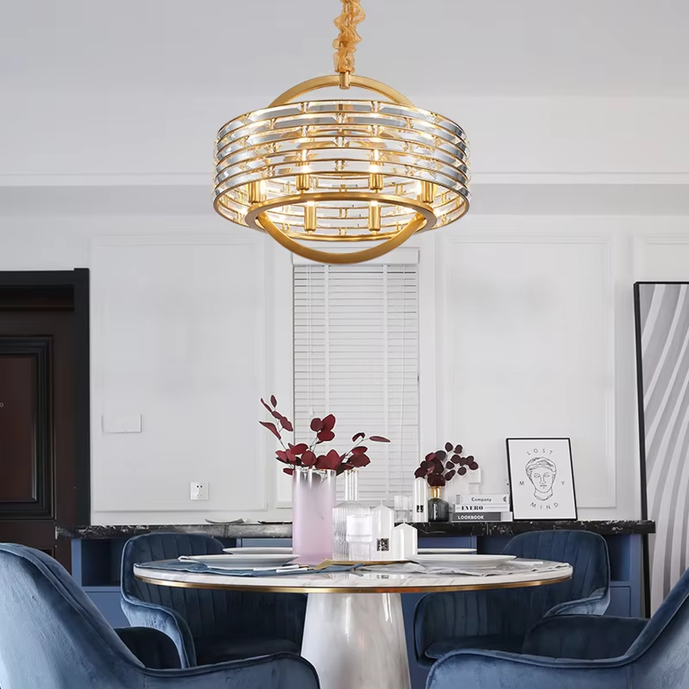 Modern Light Luxury Rectangular Layered Crystal Chandelier, Gold metal frame with multi-layer transparent crystal strips, serves both lighting and decorative purposes, ideal for dining rooms, living rooms, villas and other light luxury spaces.