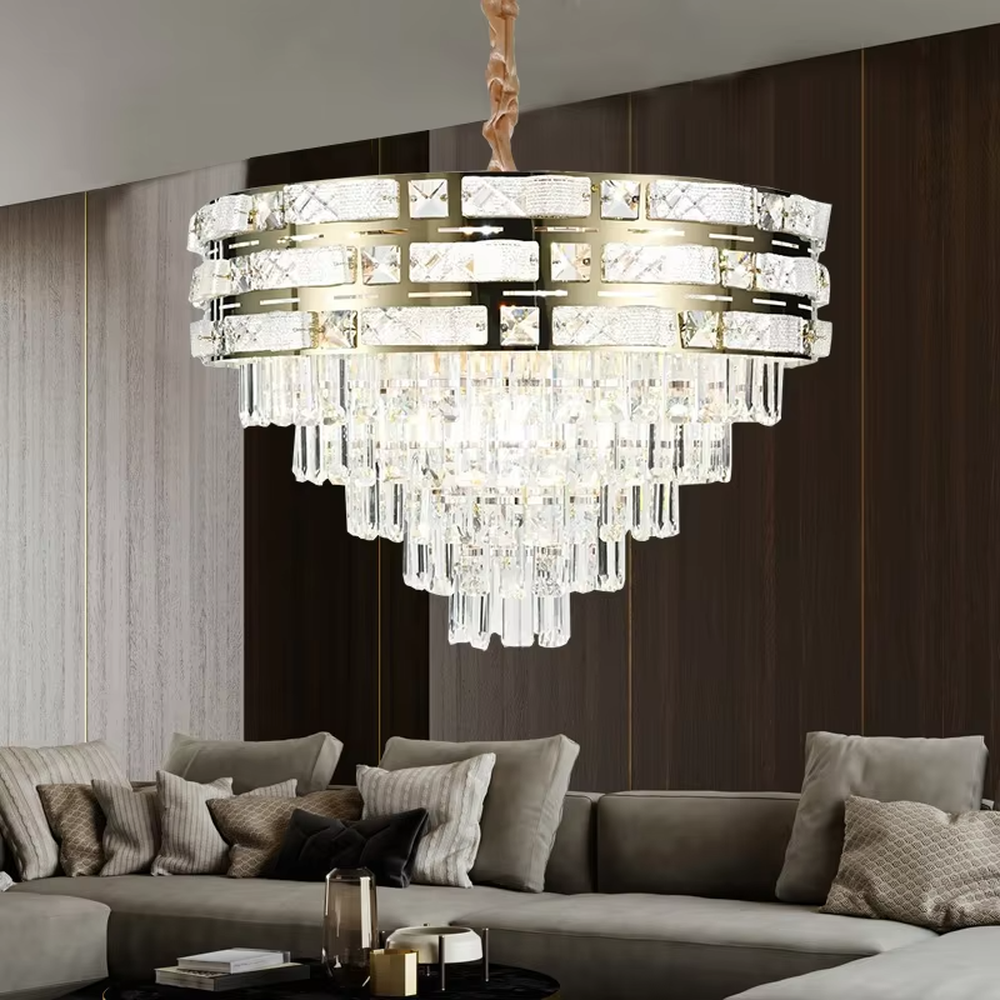 This is a luxurious multi-layer round crystal chandelier, with a gold metal frame inlaid with cut crystal decorations and cascading crystal strips hanging below, featuring brilliant and soft light, both decorative and lighting functions, ideal for high-end indoor spaces such as living rooms and dining rooms.