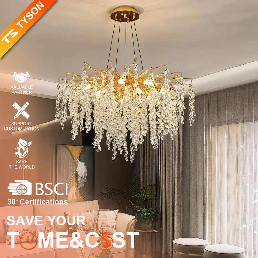 Modern Luxury Branch-Shaped Crystal Chandelier, Gold Metal Frame with Cascading Crystal Tassels, Serves Both Lighting and Decorative Purposes, Ideal for Dining Rooms, Living Rooms, Villas, High-End Clubs, etc.