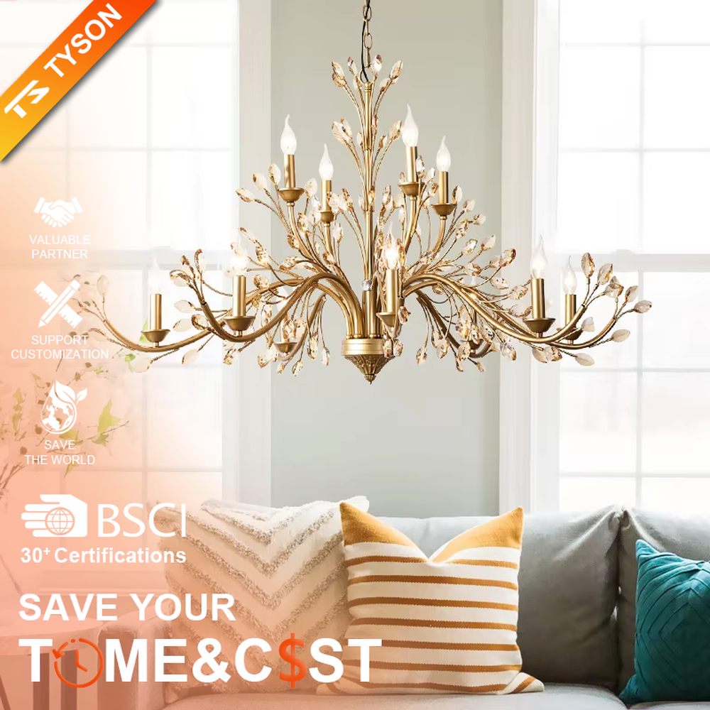 A double-layer retro light luxury style branch chandelier, featuring an extended double-layer branch structure made of dark brown metal, adorned with crystal particles and candle-shaped bulbs. It emits a brilliant yet soft glow when lit, combining decorative appeal with practical illumination, ideal for creating a romantic and elegant space atmosphere.