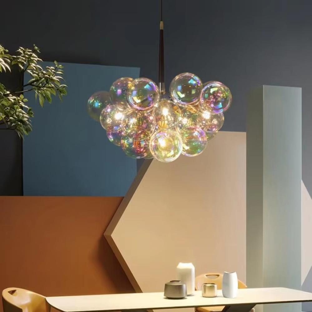 Modern light luxury bubble glass semi-flush mount ceiling light, with a golden base paired with transparent glass ball lampshades stacked into a cloud shape, featuring transparent and soft light, combining decorative and lighting functions, suitable for living rooms, bedrooms and other modern style spaces.