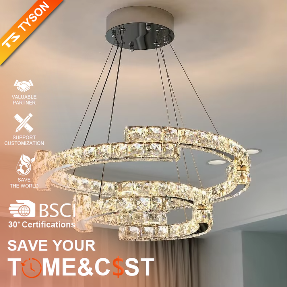 This light luxury irregular multi-layer ring crystal chandelier features a metal frame inlaid with high-transparency crystals, forming staggered ring structures, with brilliant and soft light, serving both lighting and decorative purposes, suitable for modern light luxury spaces such as living rooms and dining rooms.