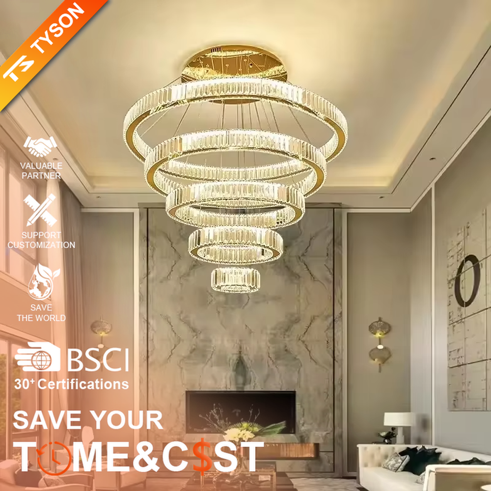 This chandelier features a core shape of multi-layer rings of varying sizes, with a lamp body made of high-transparency crystal material, paired with delicate metal suspension wires and a ceiling plate. The light presents a bright and soft gradient glow after passing through the crystal, combining modern design and luxurious texture. It is not only the core lighting tool for high-ceiling spaces, but also an artistic installation that enhances the space's style, suitable for a variety of modern light luxury style soft decoration scenarios.